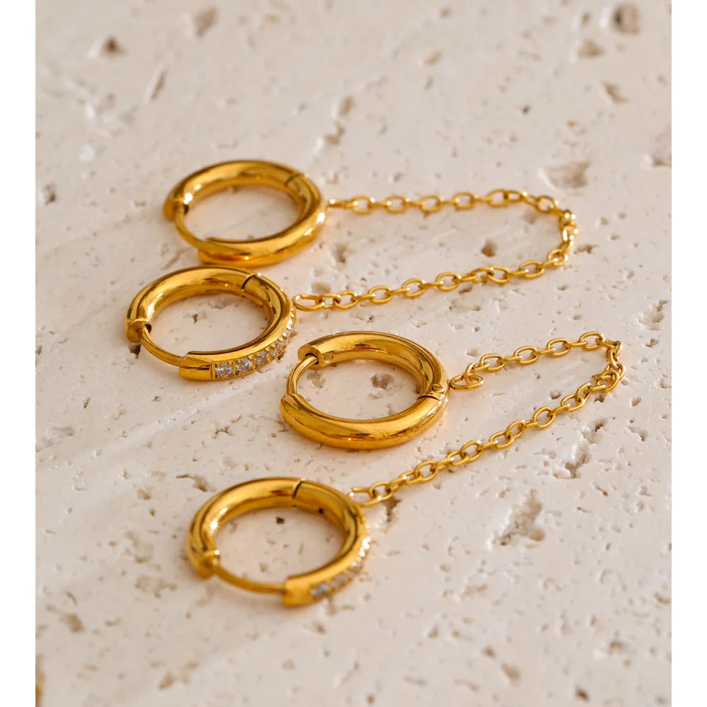 Cubic Zirconia Geometric Chain Earrings — Gold-Plated Stainless Steel with Cubic Zirconia · PS1462