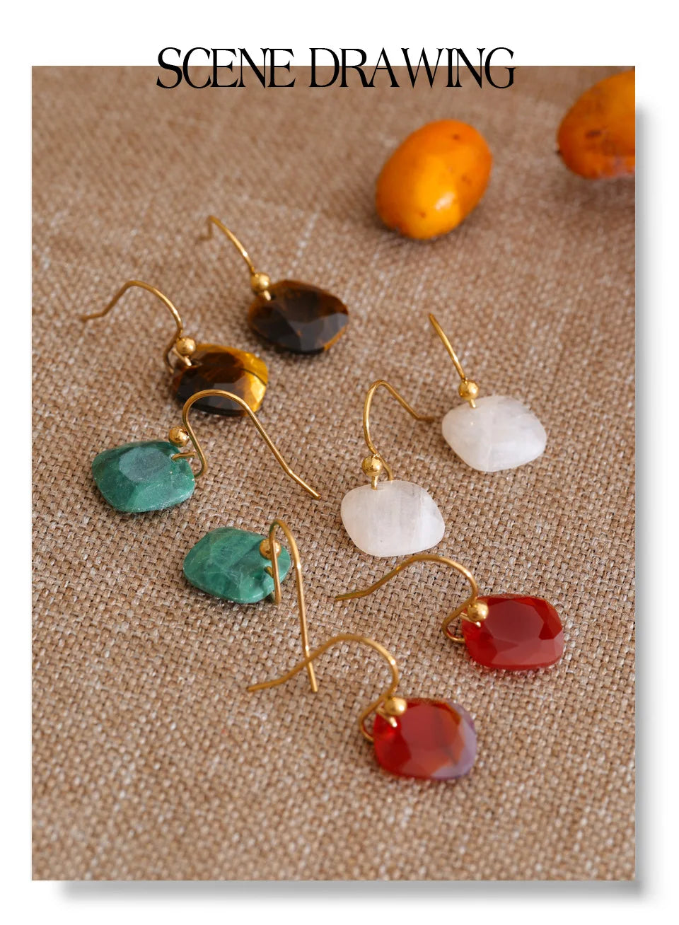 Natural stone geometric earrings in gold-plated stainless steel with natural stone.