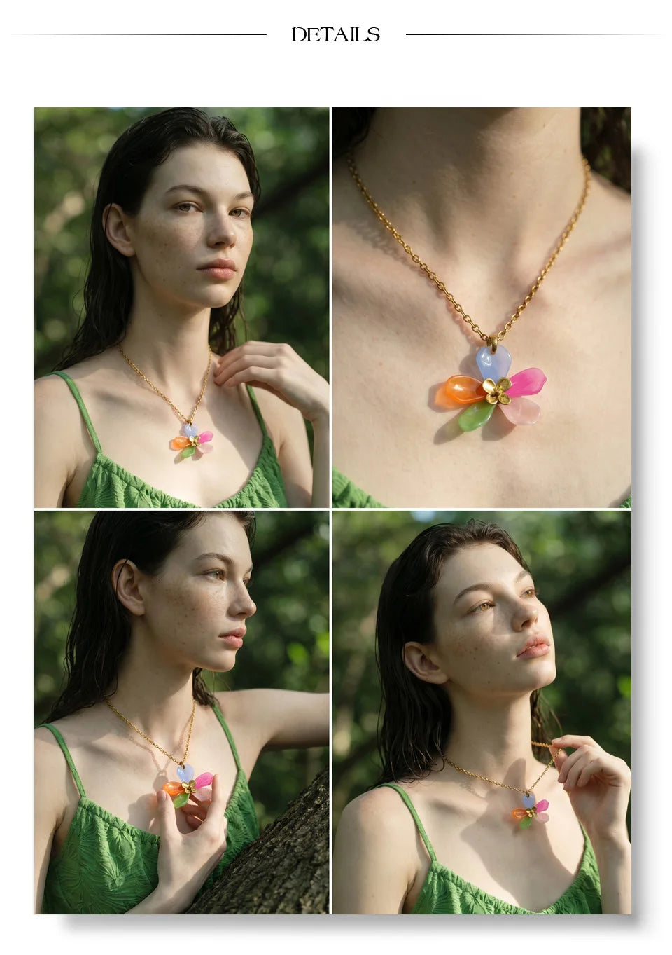 Resin acrylic flower necklace in gold-plated stainless steel with resin and acrylic.