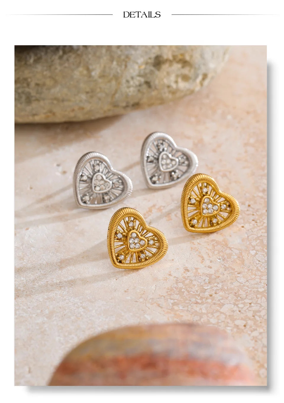 Cubic Zirconia Heart Earrings — Gold-Plated Stainless Steel with Cubic Zirconia · PS929
