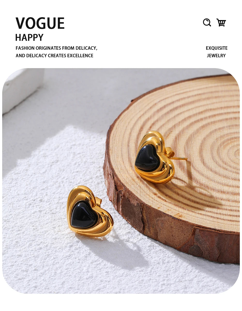 Stud Piercing Earrings Black Stone Heart — 316L Stainless Steel · PS453