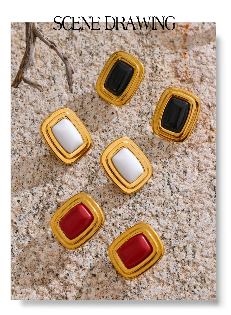 Black Natural Stone Geometric Earrings — Gold-Plated Stainless Steel with Natural Stone · PS1596