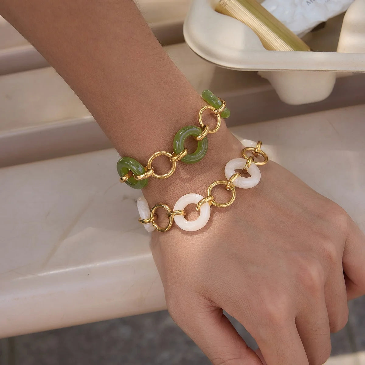 White Green Resin Bracelet — Stainless Steel · PS379