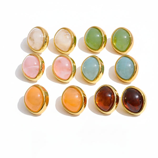 Gold-plated stainless steel earrings with resin stones in various colors.
