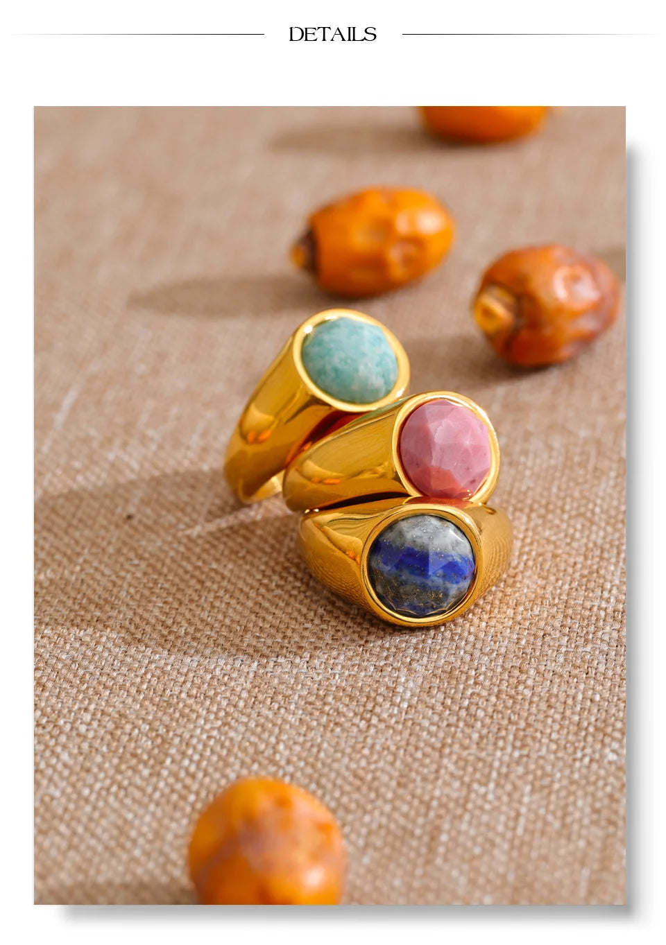 Natural stone geometric ring in 18K gold-plated stainless steel with natural stone.