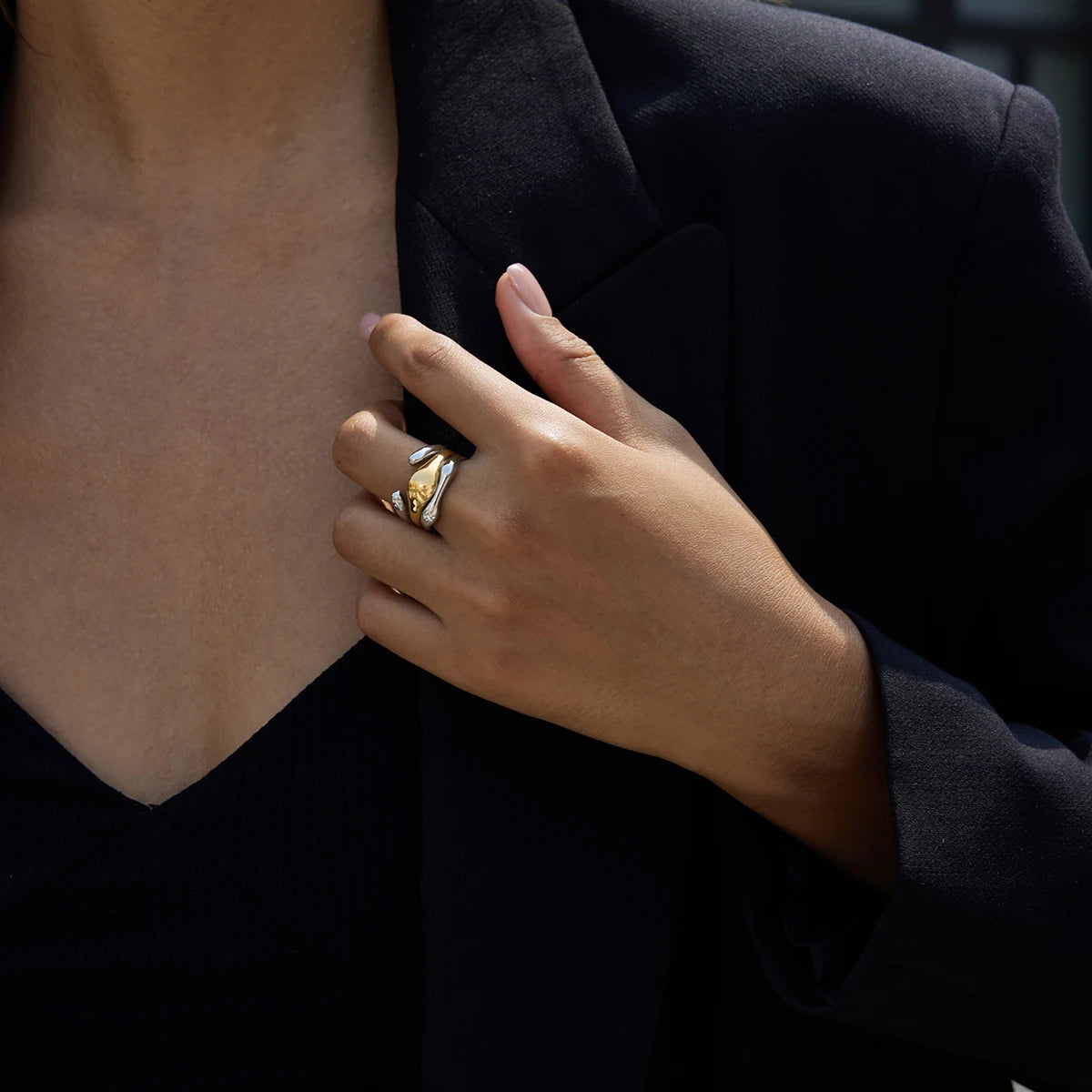 Two-Tone Irregular Layered Ring — Stainless Steel · PS365