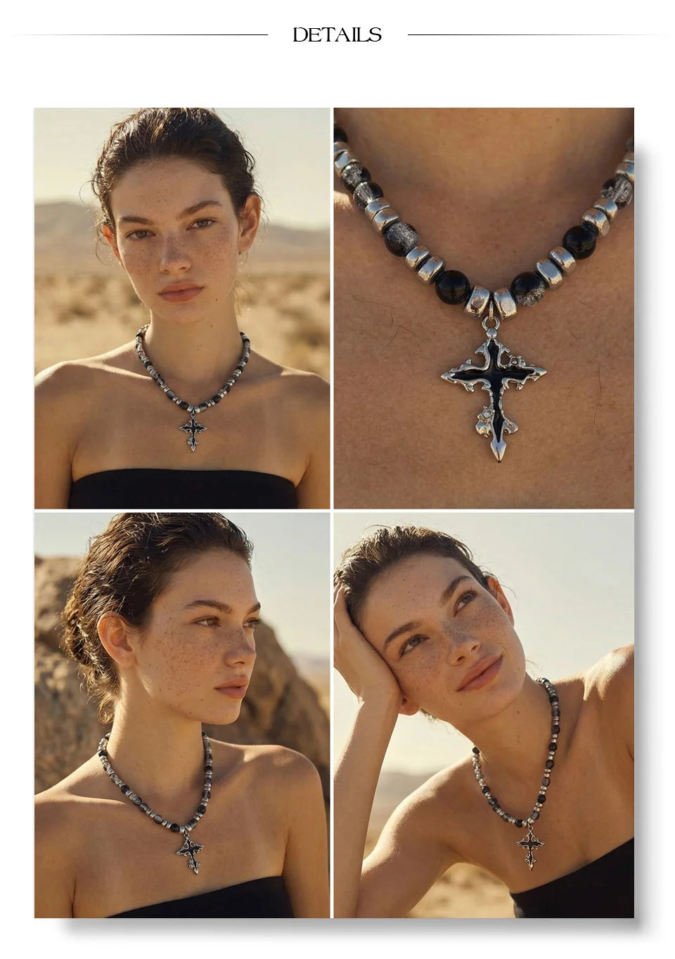 Natural stone cross beaded necklace in gold-plated stainless steel with natural stone.