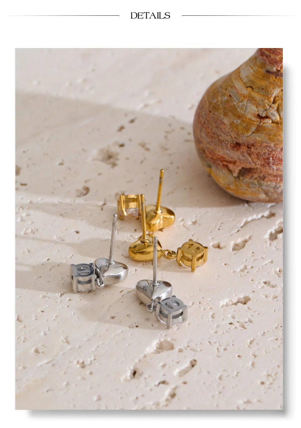 Cubic Zirconia Heart Earrings — Gold-Plated Stainless Steel with Cubic Zirconia · PS1244