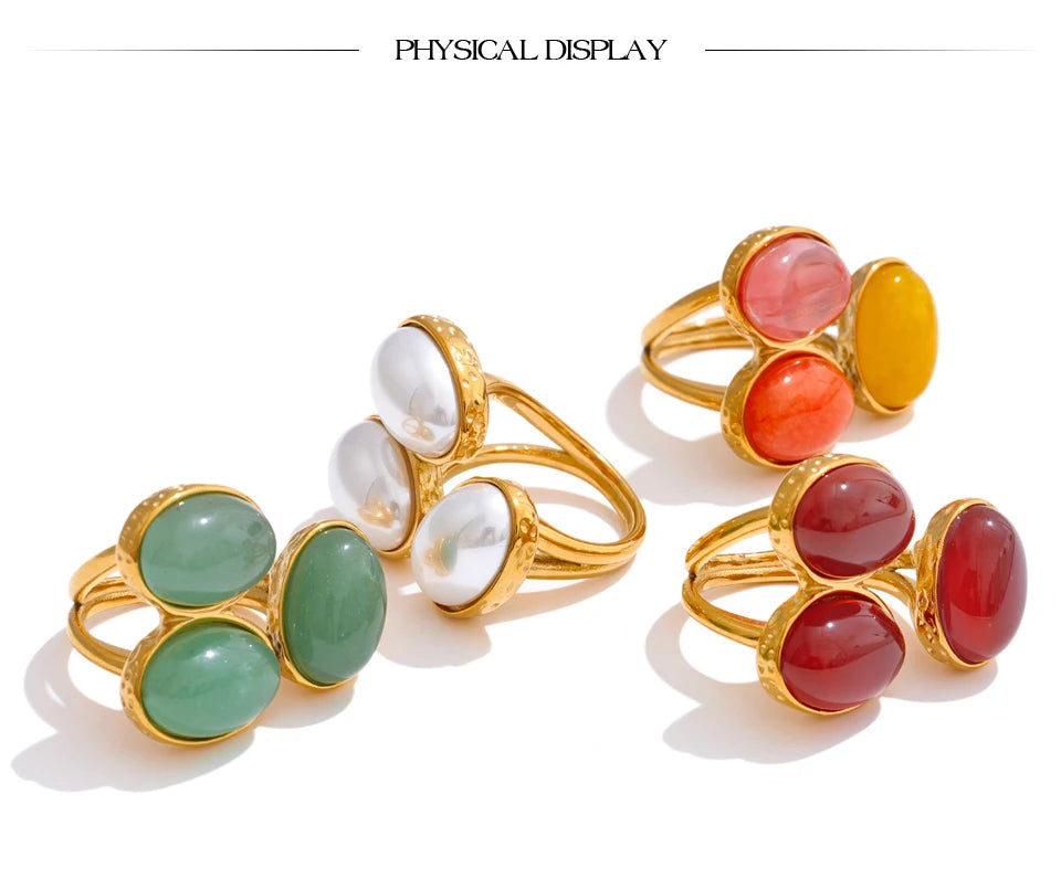 Pearl shell natural stone ring in 18K gold-plated stainless steel with pearl and natural stone.