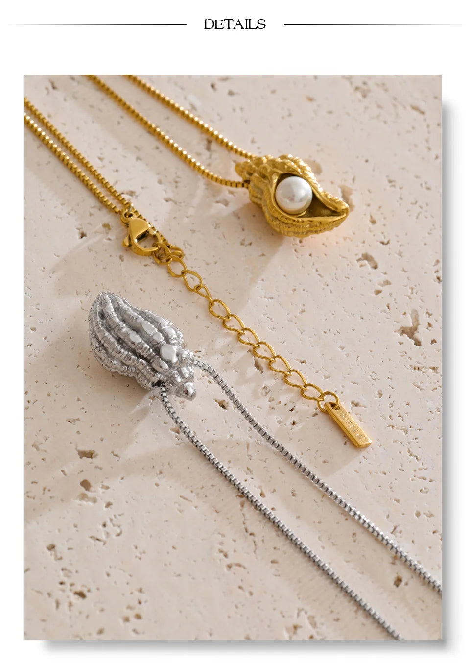 Pearl shell geometric necklace in gold-plated stainless steel with pearl and shell.