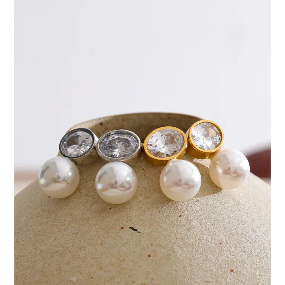 Cubic Zirconia Pearl Geometric Earrings — Gold-Plated Stainless Steel with Pearl and Cubic Zirconia · PS1615