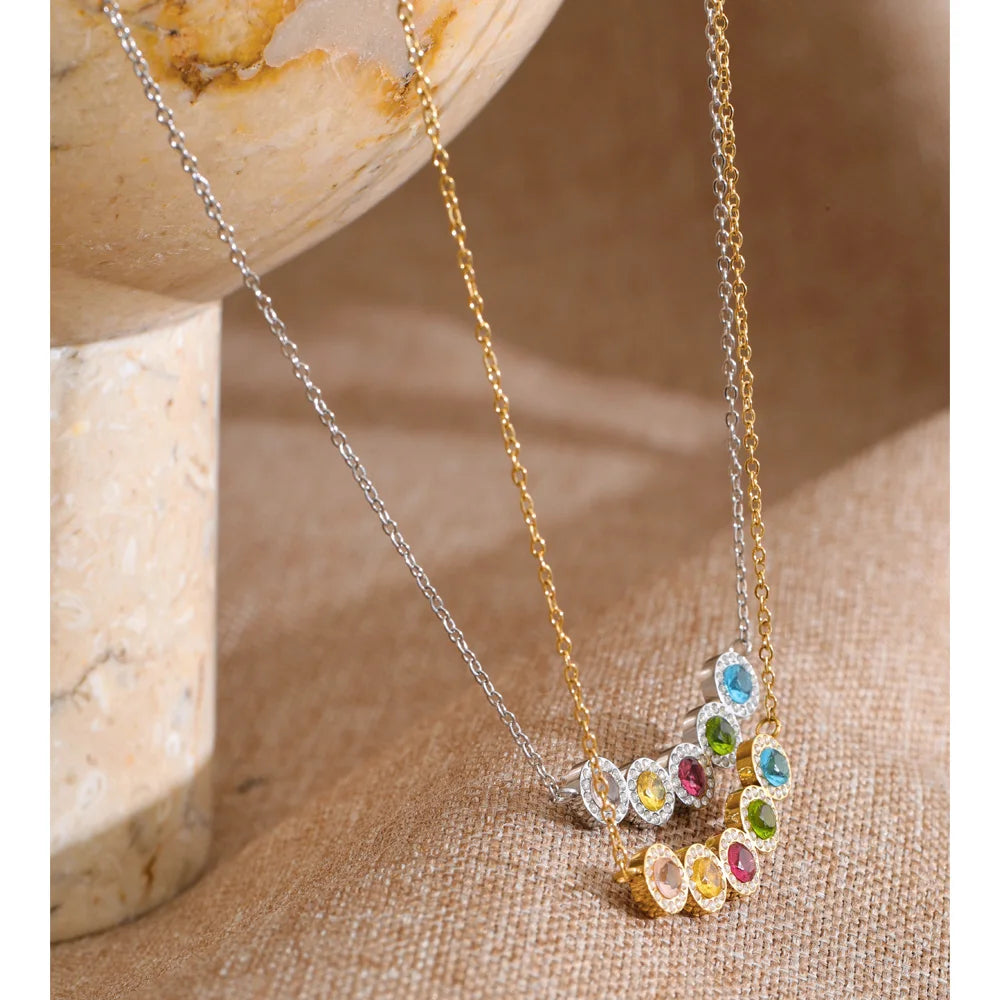 Cubic zirconia multi-color geometric necklace in gold-plated stainless steel with cubic zirconia.