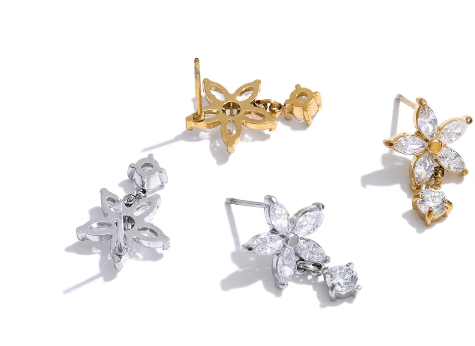 Cubic Zirconia Flower Earrings — Gold-Plated Stainless Steel with Cubic Zirconia · PS932