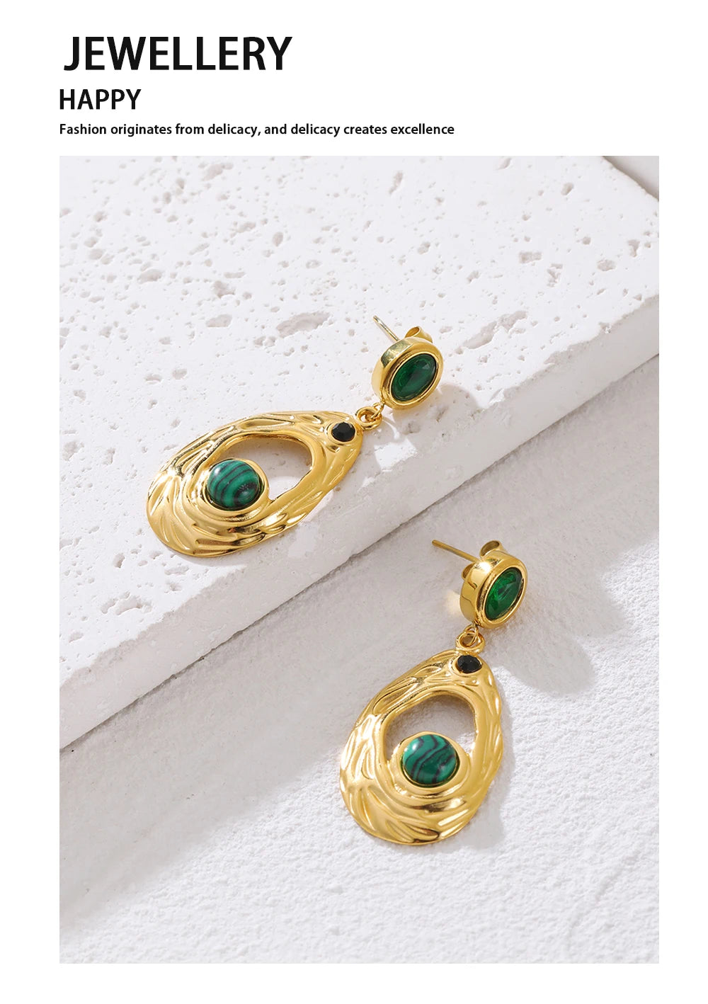 Drop Earrings Green Stone Zircon Irregular Dangle — 316L Stainless Steel · PS424
