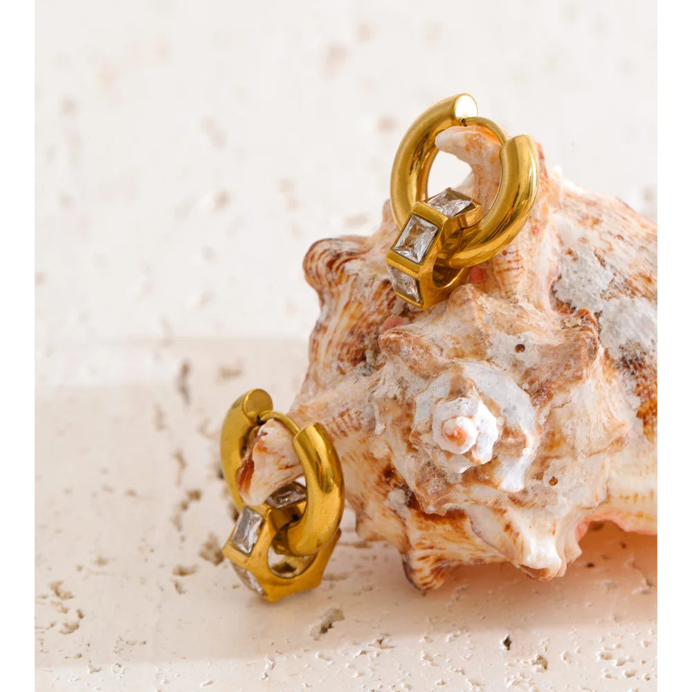 Cubic Zirconia Geometric Earrings — Gold-Plated Stainless Steel with Cubic Zirconia · PS1309