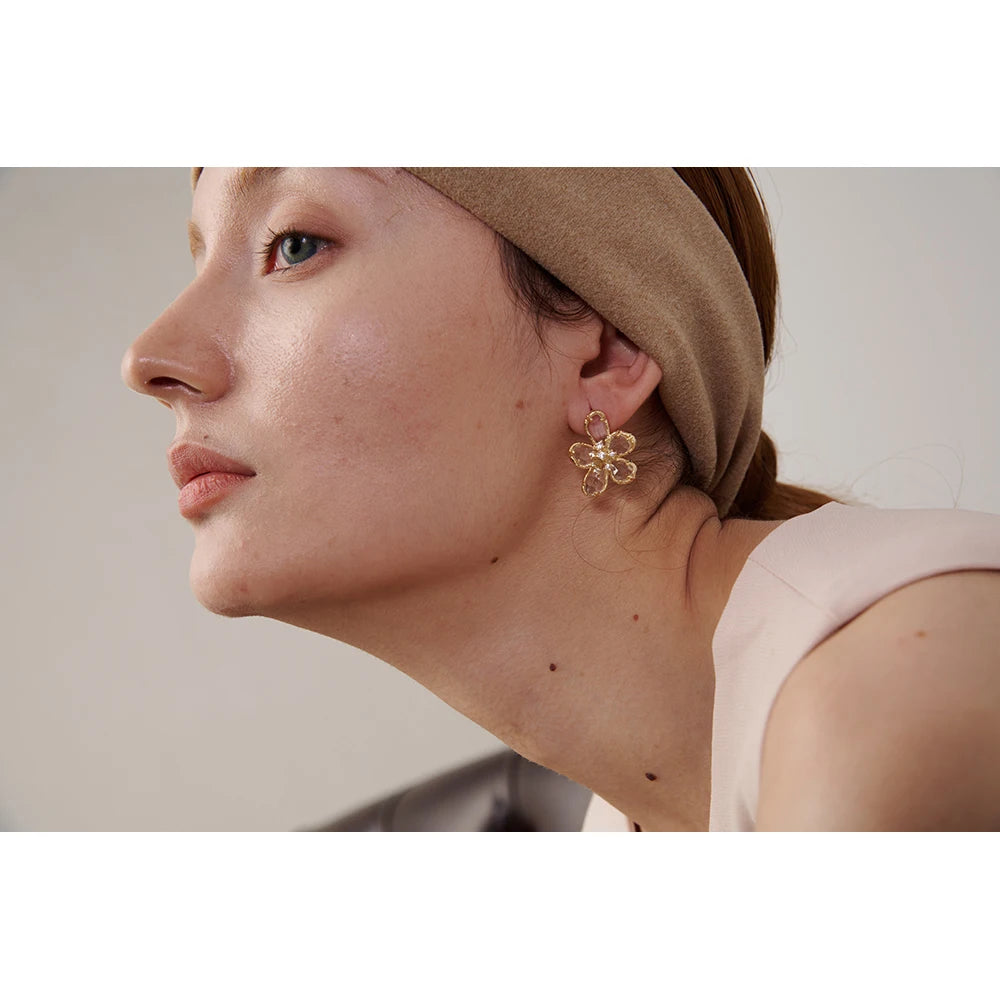 Cubic Zirconia Flower Geometric Earrings — 14K Gold-Plated Copper with Cubic Zirconia · PC21