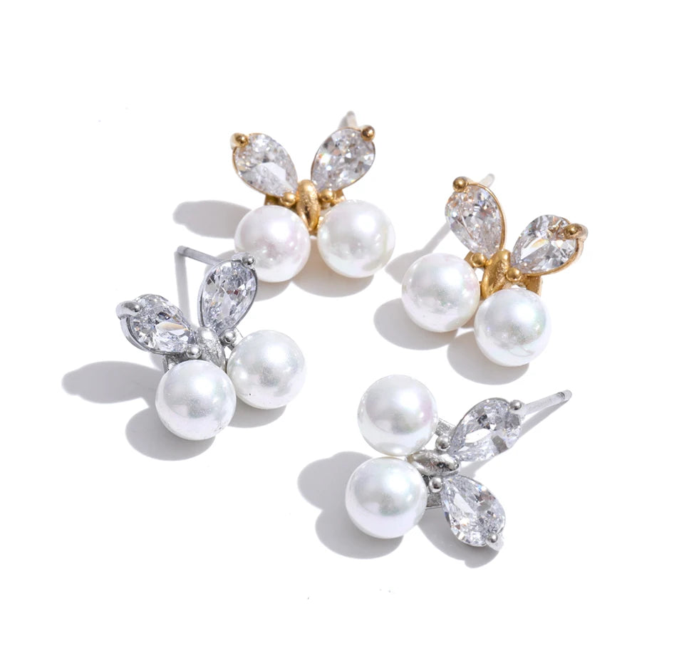 Cubic Zirconia Pearl Butterfly Earrings — Gold-Plated Stainless Steel with Pearl and Cubic Zirconia · PS1342