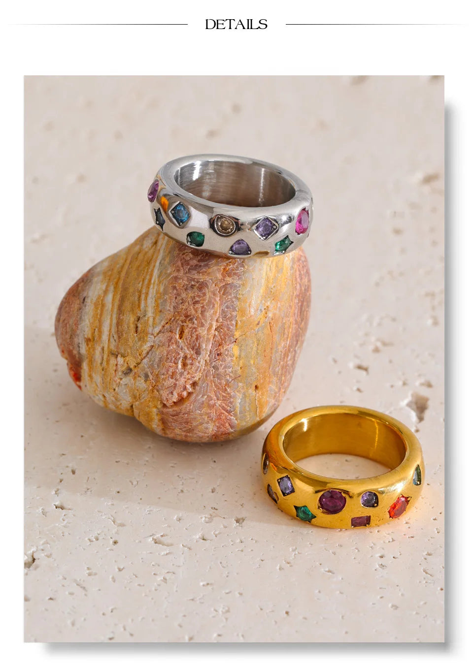 Cubic zirconia multi-color geometric ring in 18K gold-plated stainless steel with cubic zirconia.