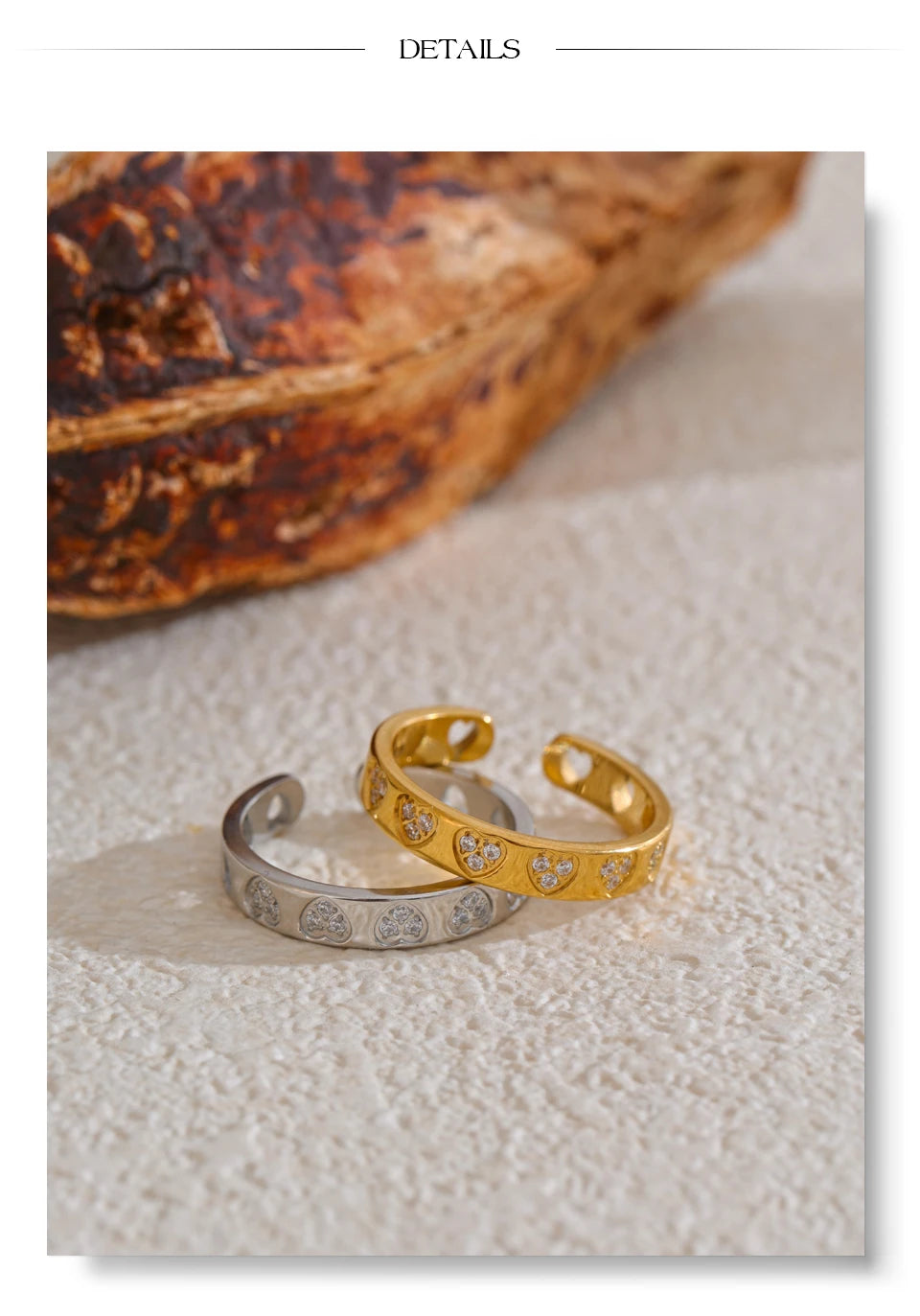 Cubic zirconia heart ring in gold-plated stainless steel with cubic zirconia.