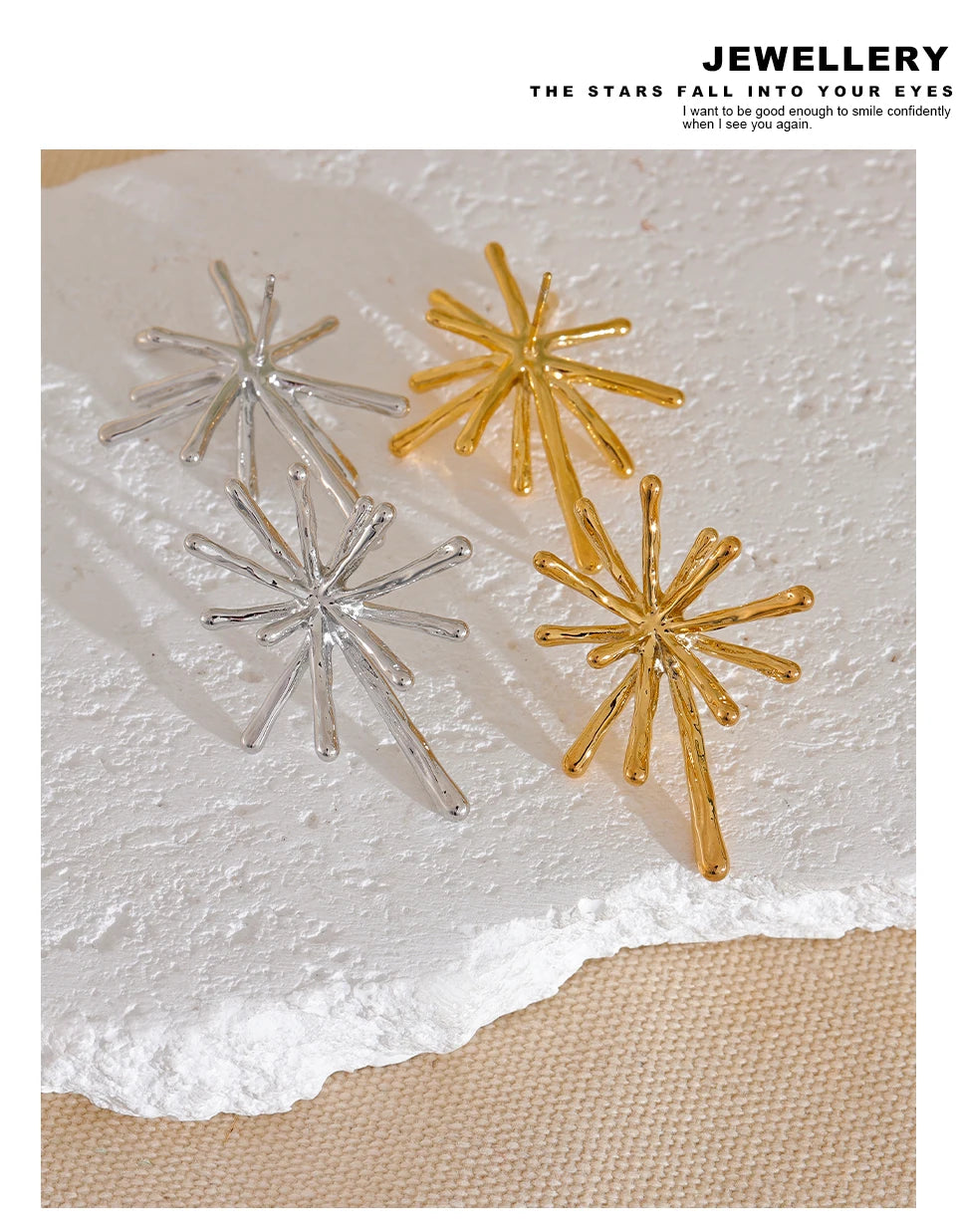 Hammered geometric earrings in gold-plated 316L stainless steel.