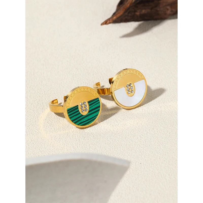 Geometric Ring Shell Malachite Zircon — 316L Stainless Steel · PS464