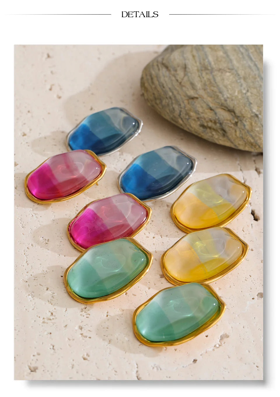 Resin multi-color geometric earrings in gold-plated stainless steel with resin.