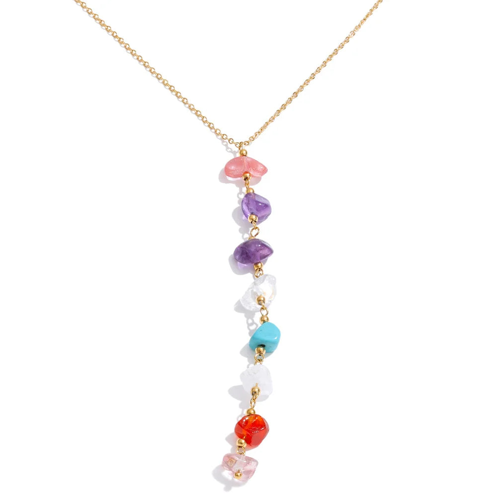 Resin natural stone multi-color necklace in gold-plated stainless steel with natural stone and resin.