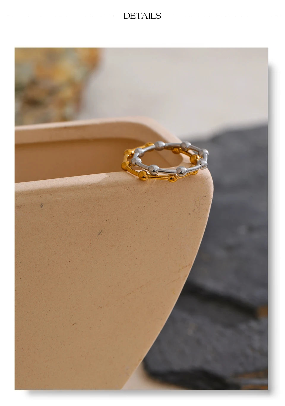 Beaded minimalist geometric ring in 18K gold-plated stainless steel.