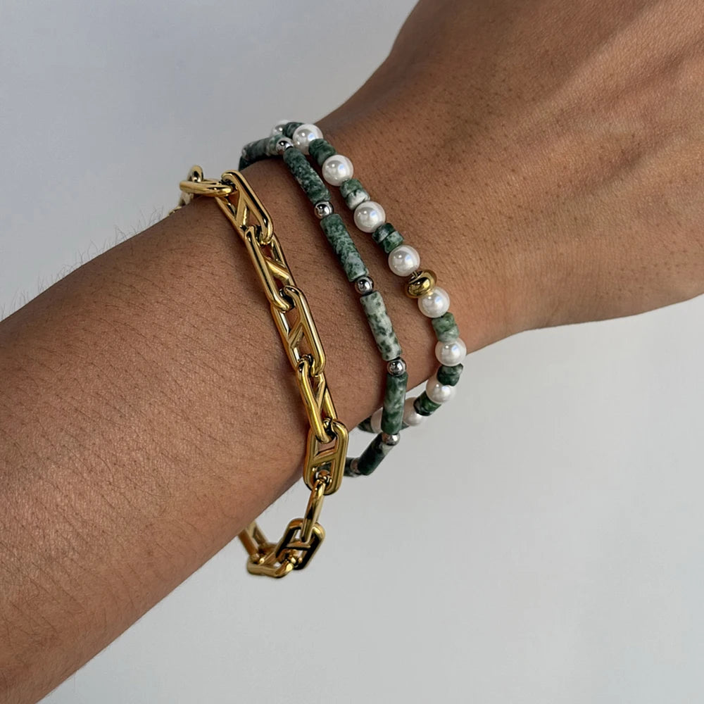 Green Bead Chain Bracelet Stack — Stainless Steel · PS016