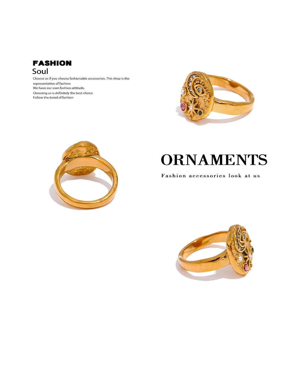 Cubic zirconia star moon ring in 18K gold-plated stainless steel with cubic zirconia.