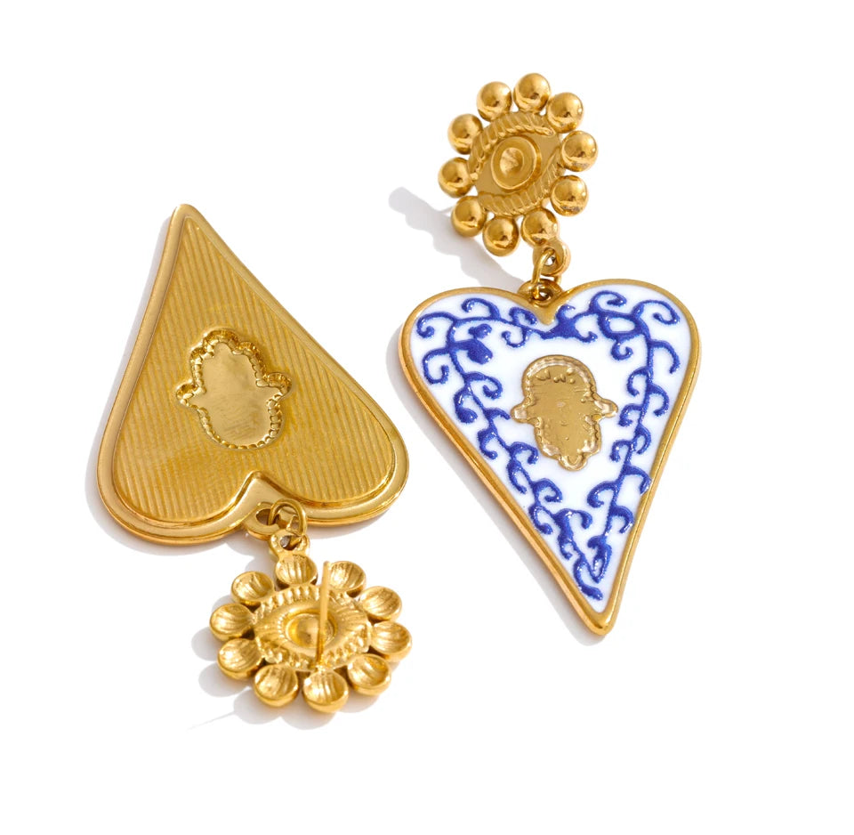 Blue enamel heart earrings in gold-plated stainless steel with enamel.
