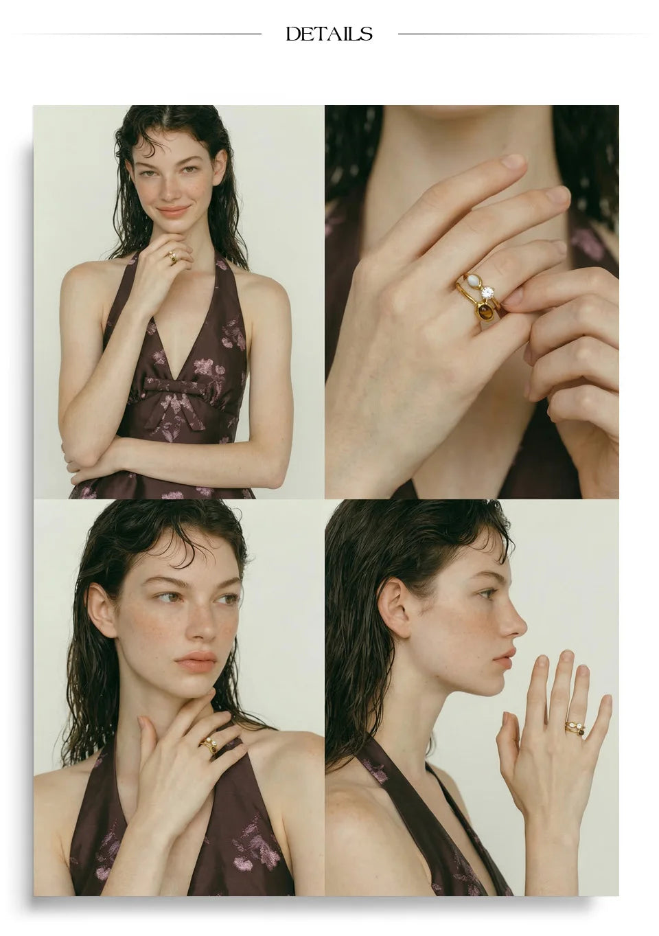 Cubic zirconia natural stone geometric ring in 18K gold-plated stainless steel with cubic zirconia and natural stone.