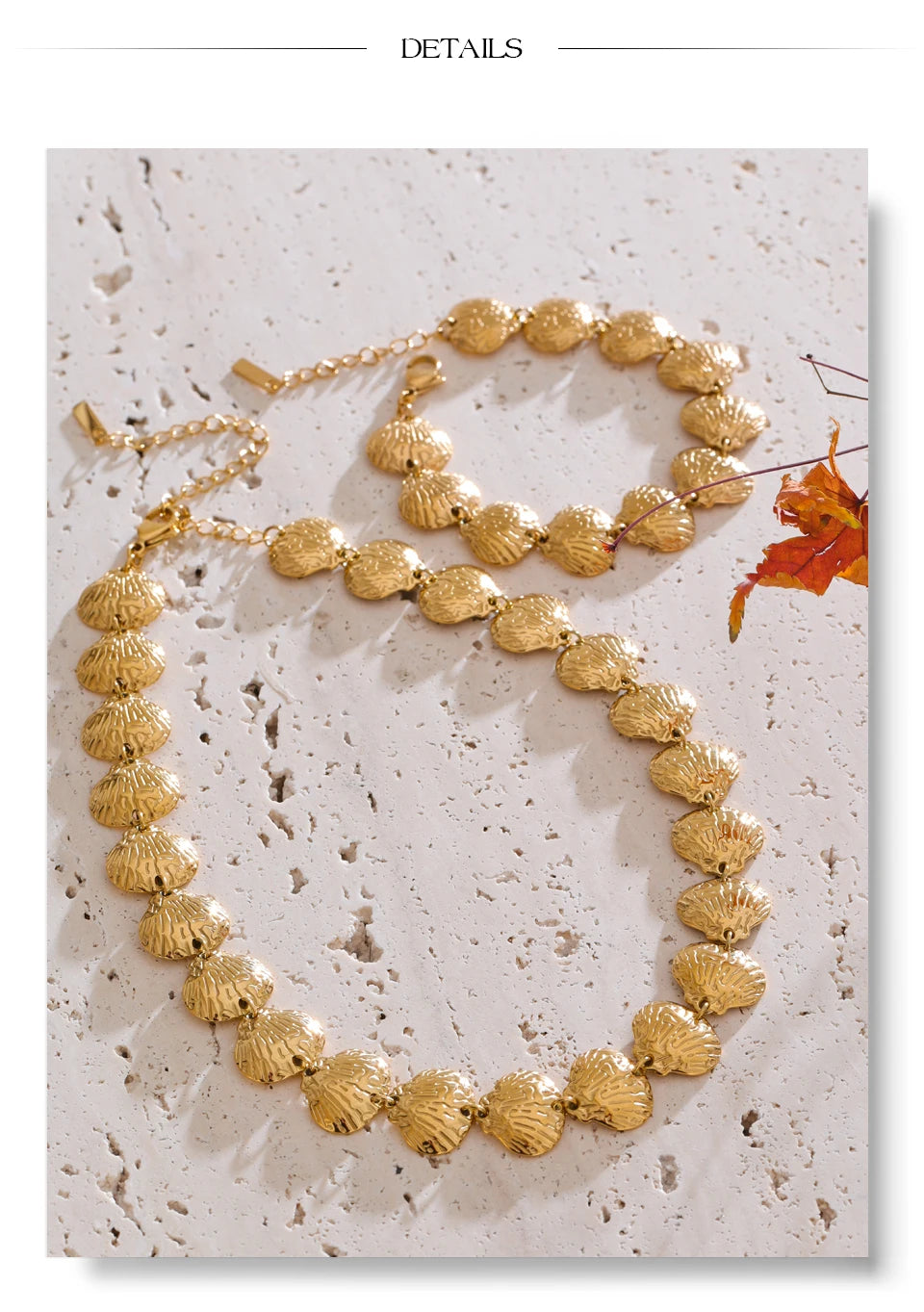 Shell hammered geometric necklace in gold-plated stainless steel with shell.