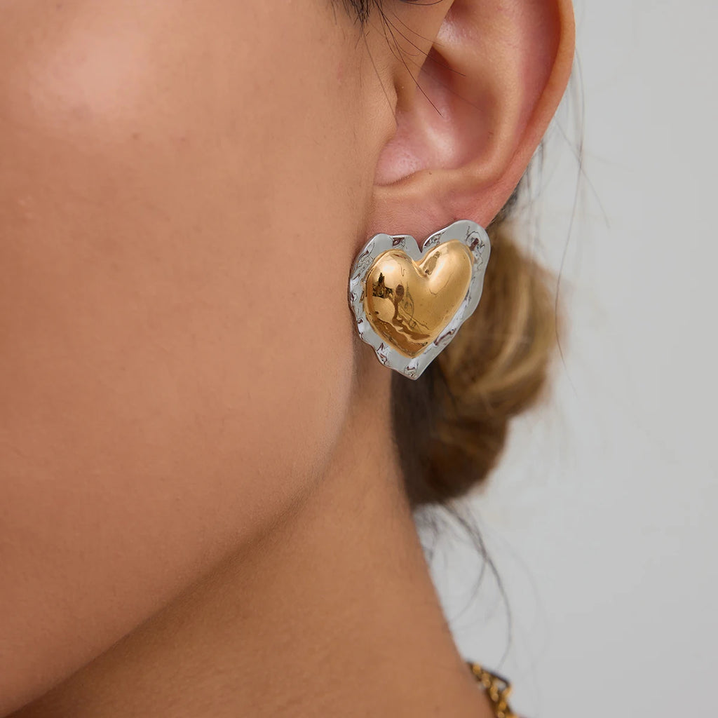 Two-Tone Puffy Heart Earrings — Stainless Steel · PS062