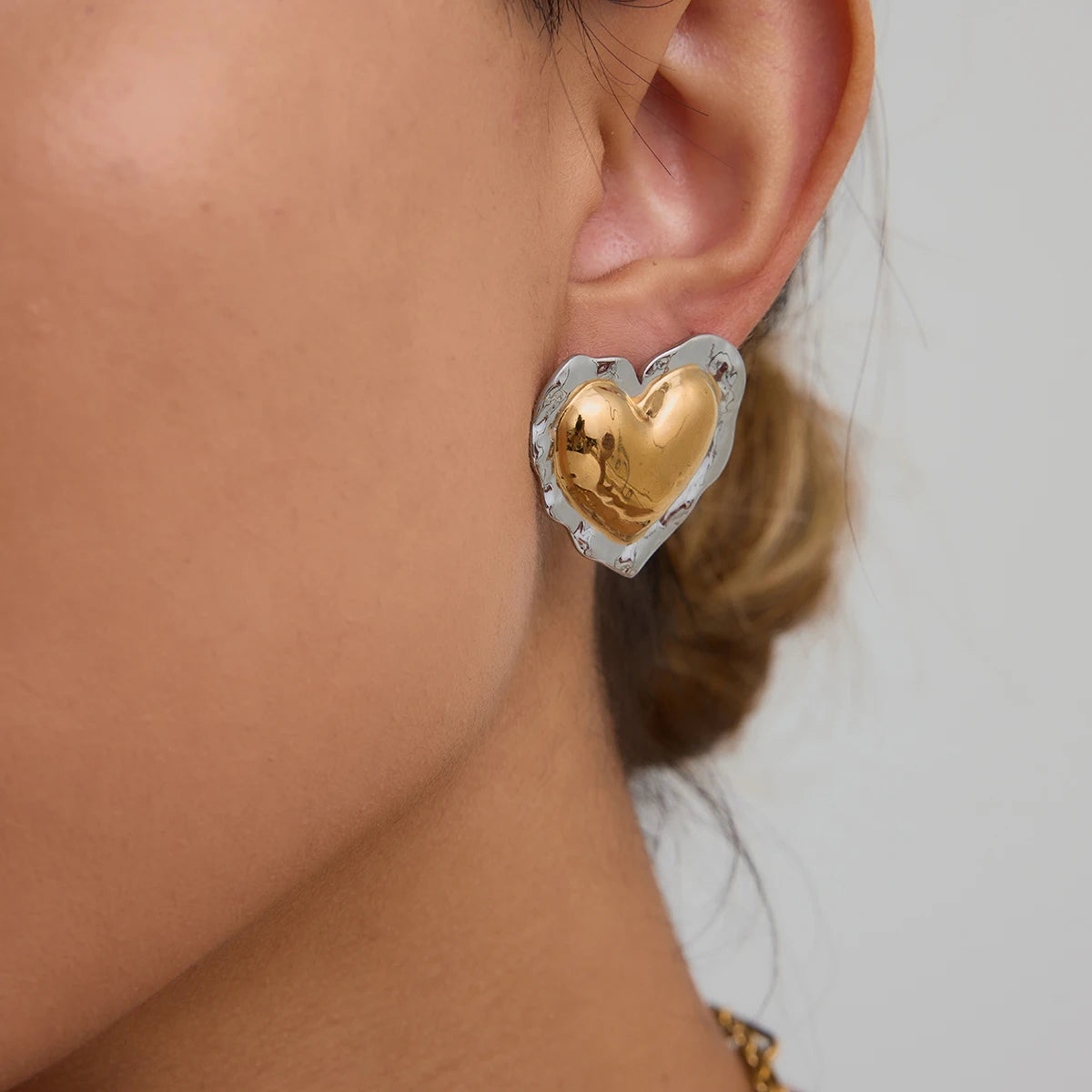 Two-Tone Puffy Heart Earrings — Stainless Steel · PS062