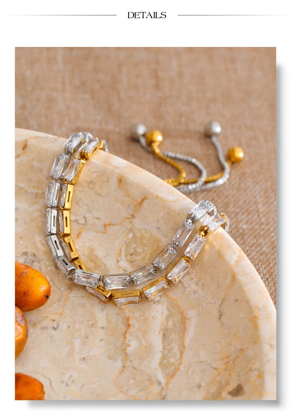 Cubic zirconia geometric bracelet in gold-plated stainless steel with cubic zirconia.