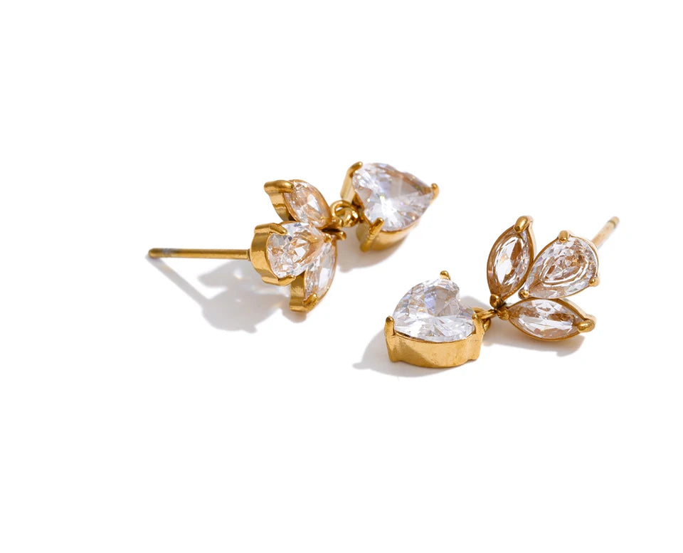 Cubic Zirconia Heart Flower Earrings — Gold-Plated Stainless Steel with Cubic Zirconia · PS1308