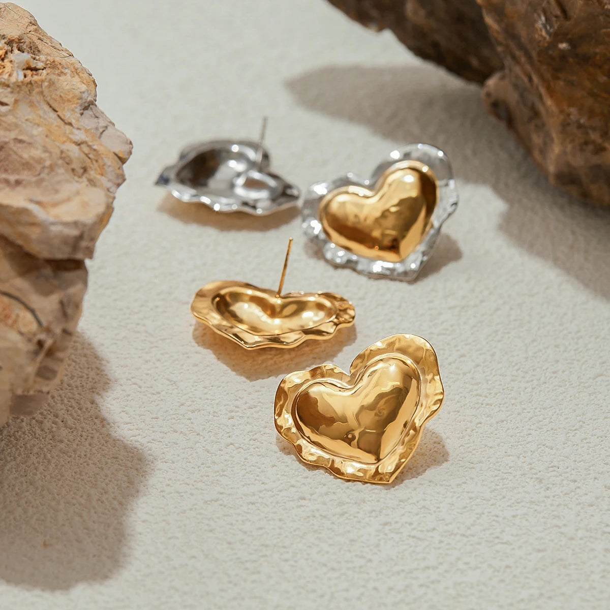 Two-Tone Puffy Heart Earrings — Stainless Steel · PS062