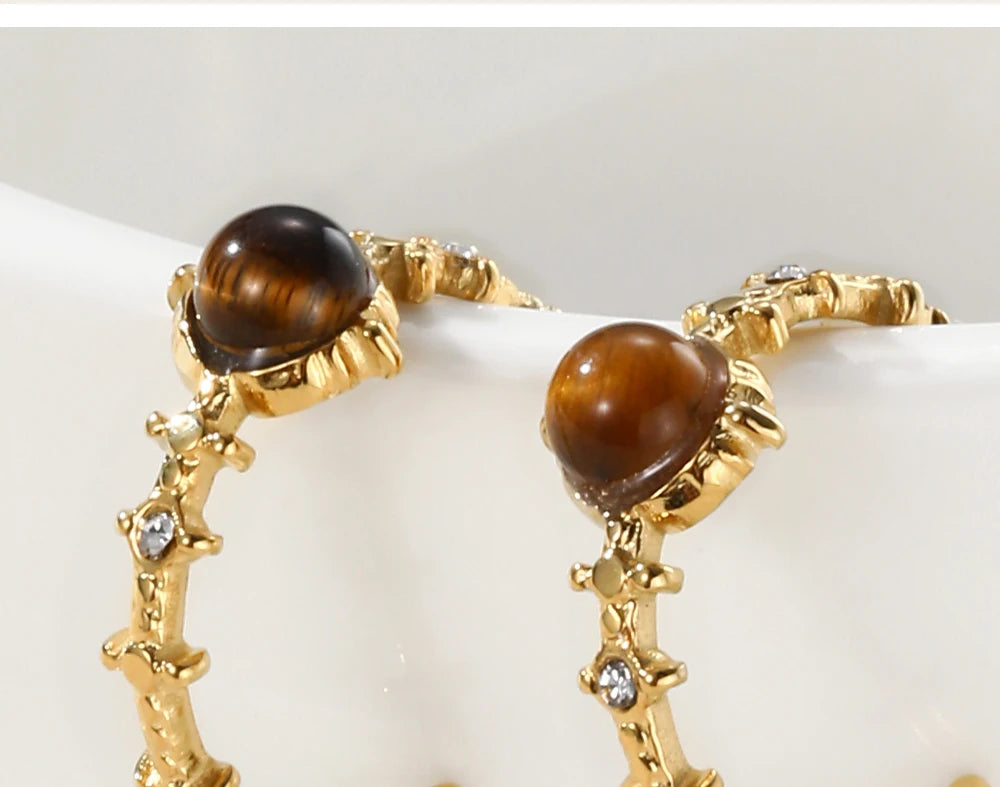 Hoop Earrings Amber Natural Stone Crystal Irregular — 316L Stainless Steel · PS480