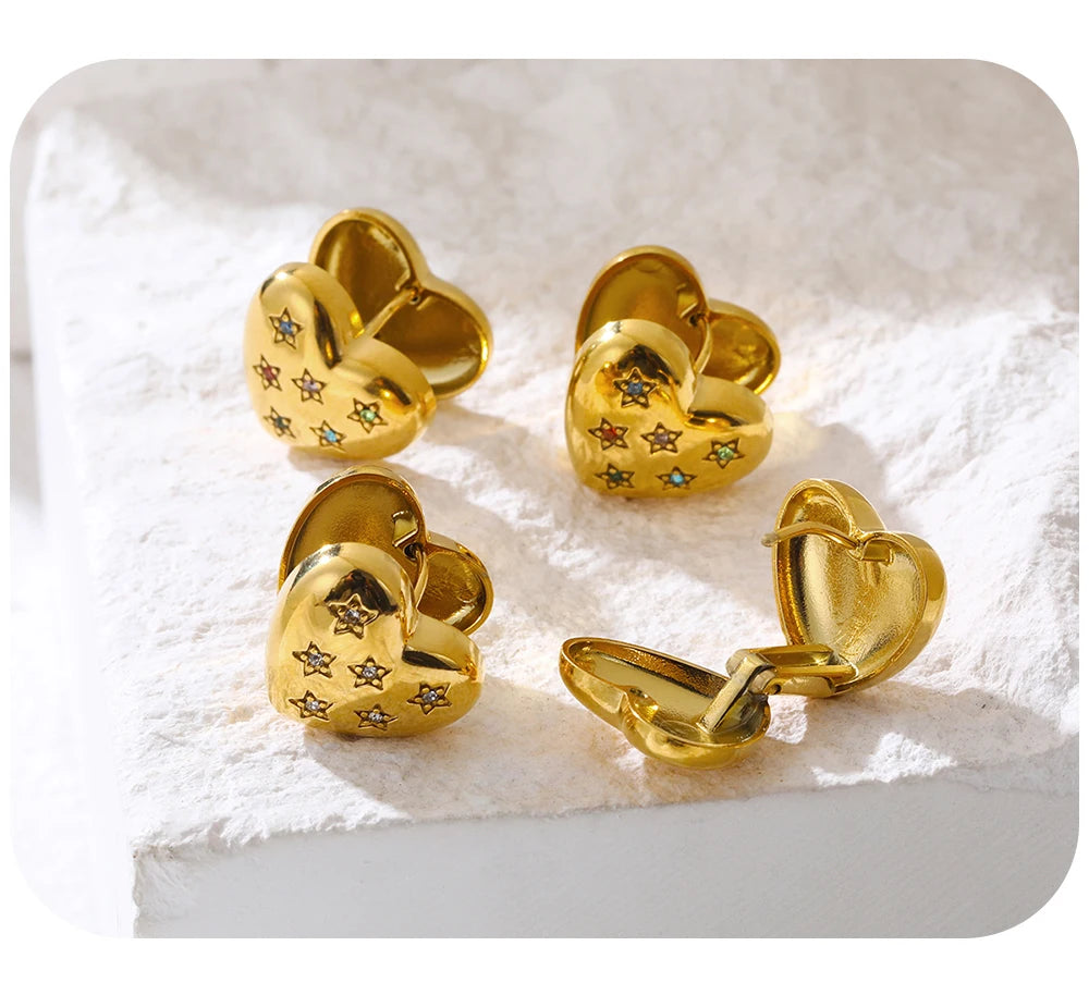 Heart Star Crystal Ear Buckle Earrings — 316L Stainless Steel · PS392