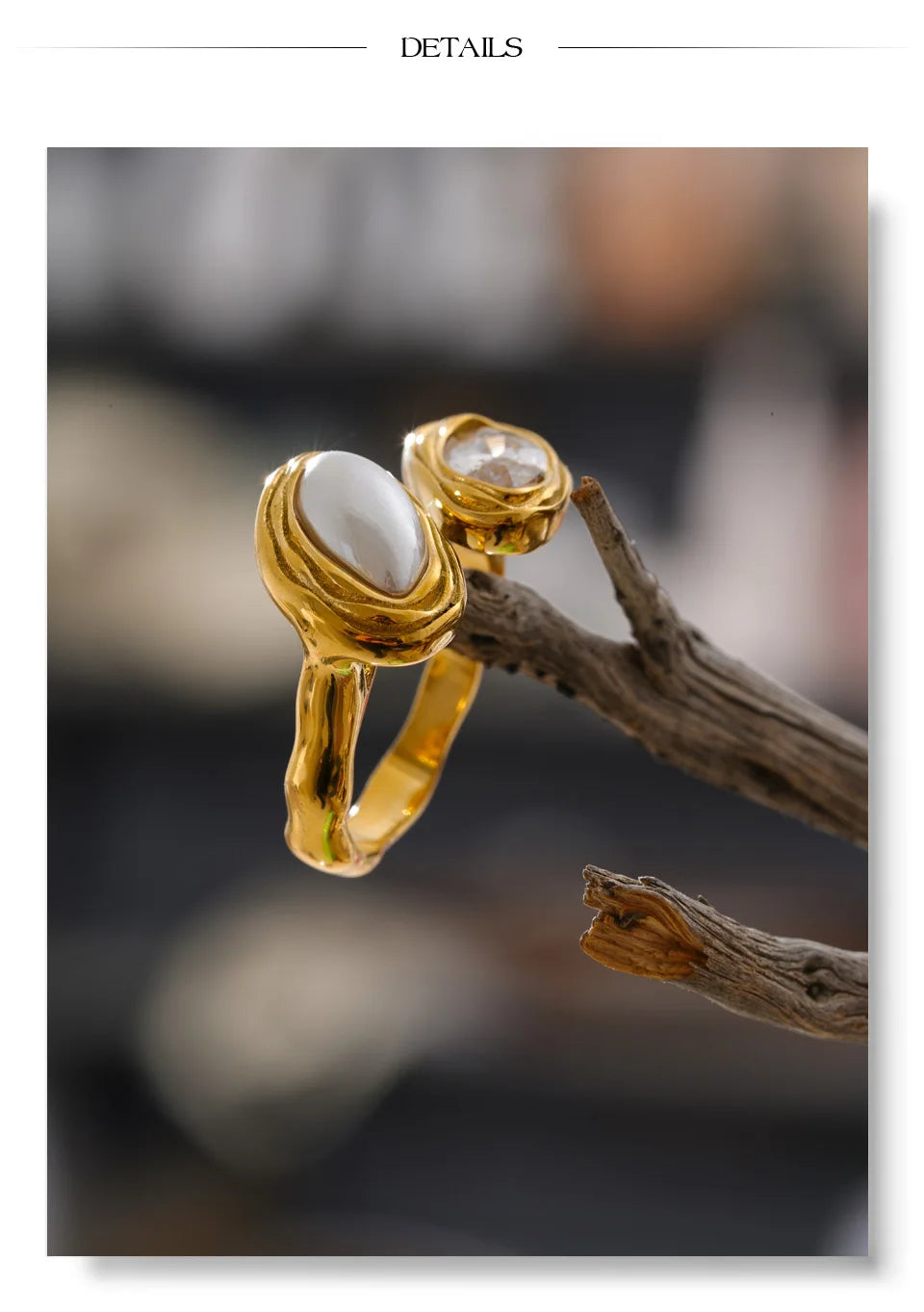 Cubic zirconia geometric ring in 18K gold-plated stainless steel with cubic zirconia.
