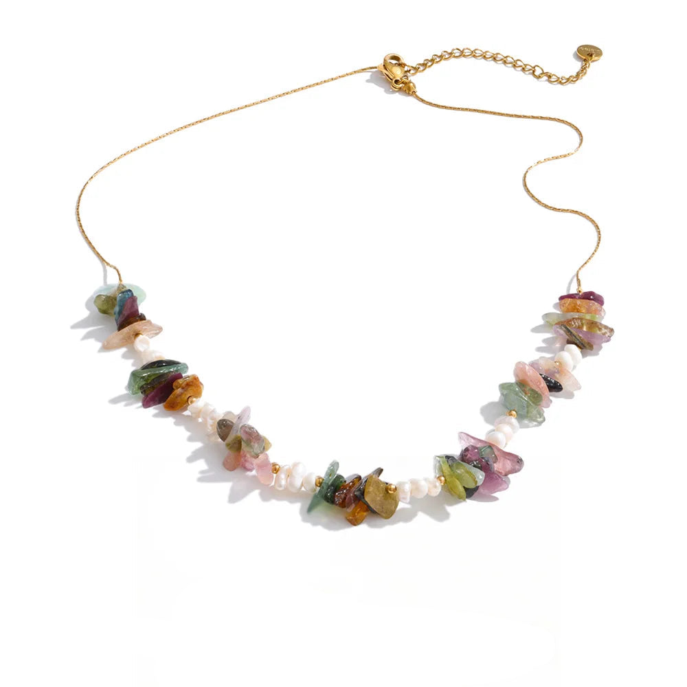Gold-plated necklace with pearl and natural stone beads.