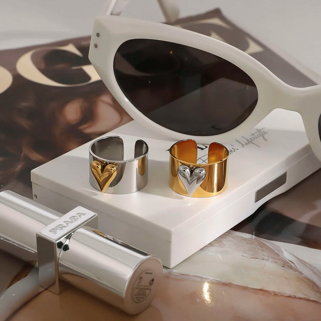 Geometric Heart Ring Stack — Stainless Steel · PS235