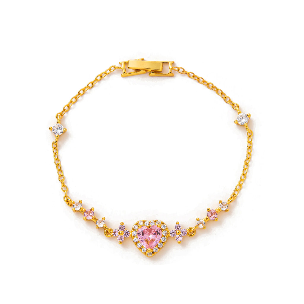 Pink Heart Crystal Bracelet for Women 18K Gold Plated Copper Chain Romantic Love Jewelry Gift for Girlfriend Valentine's Day