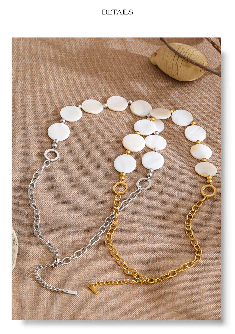 Shell geometric chain necklace in gold-plated stainless steel with shell.