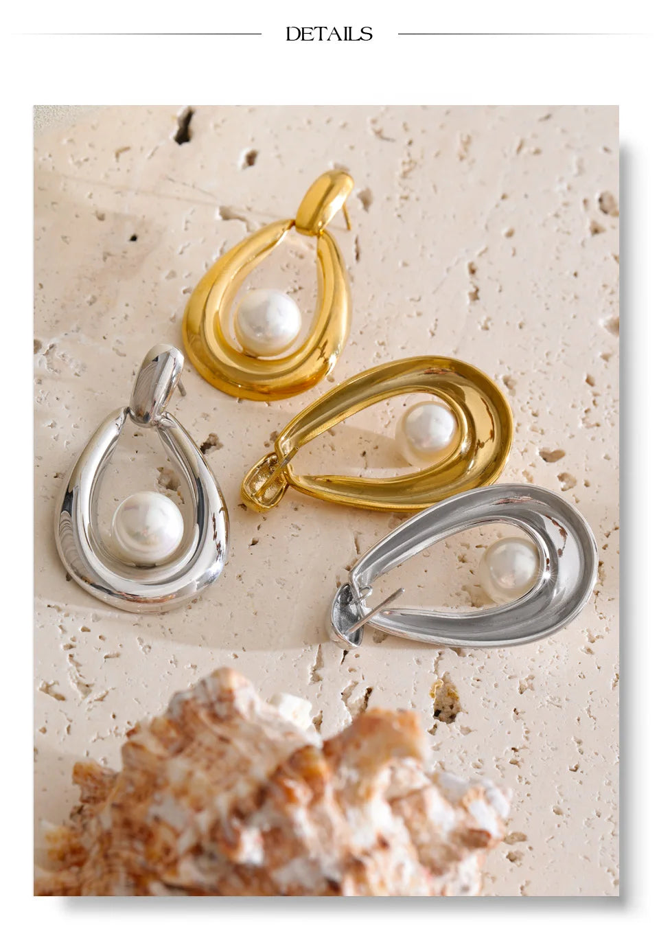 Pearl geometric earrings in gold-plated stainless steel with pearl.