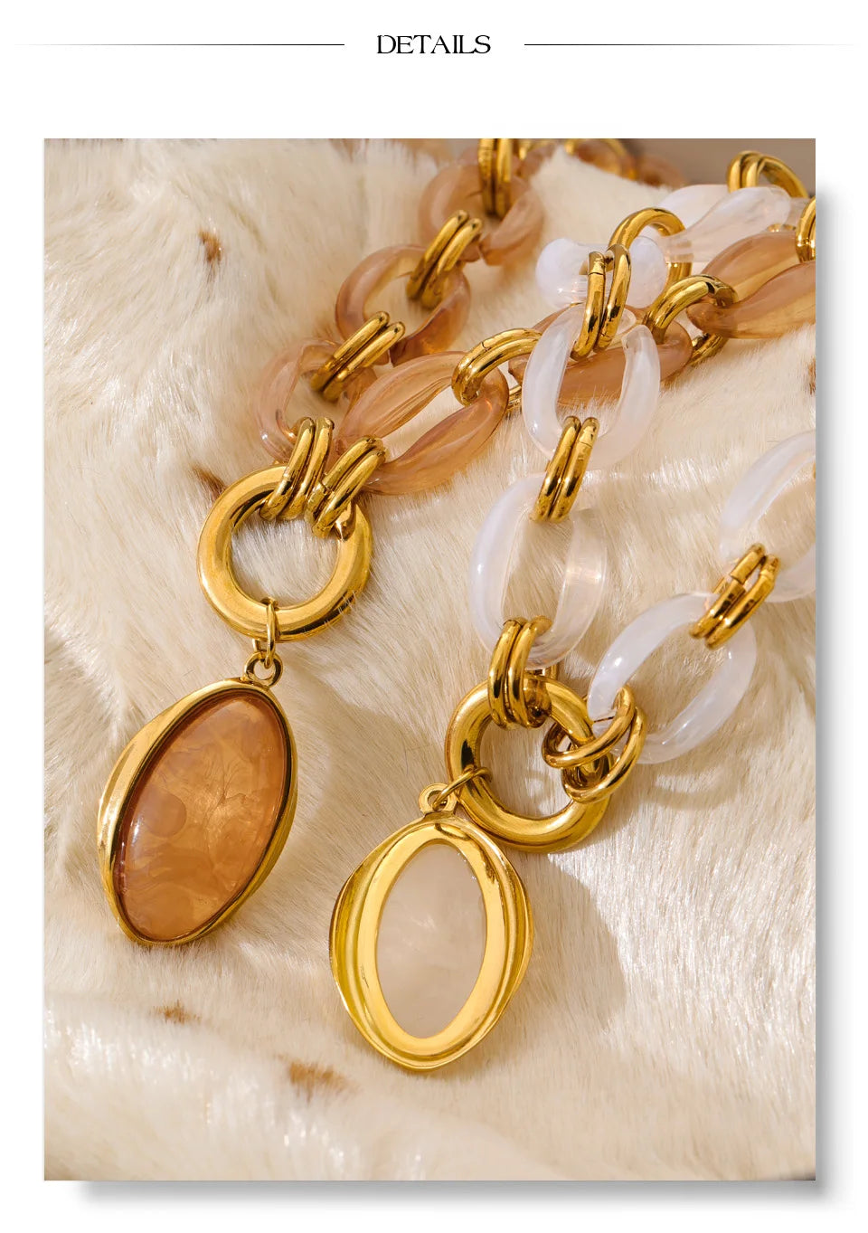 Resin acrylic geometric necklace in gold-plated stainless steel with resin and acrylic.