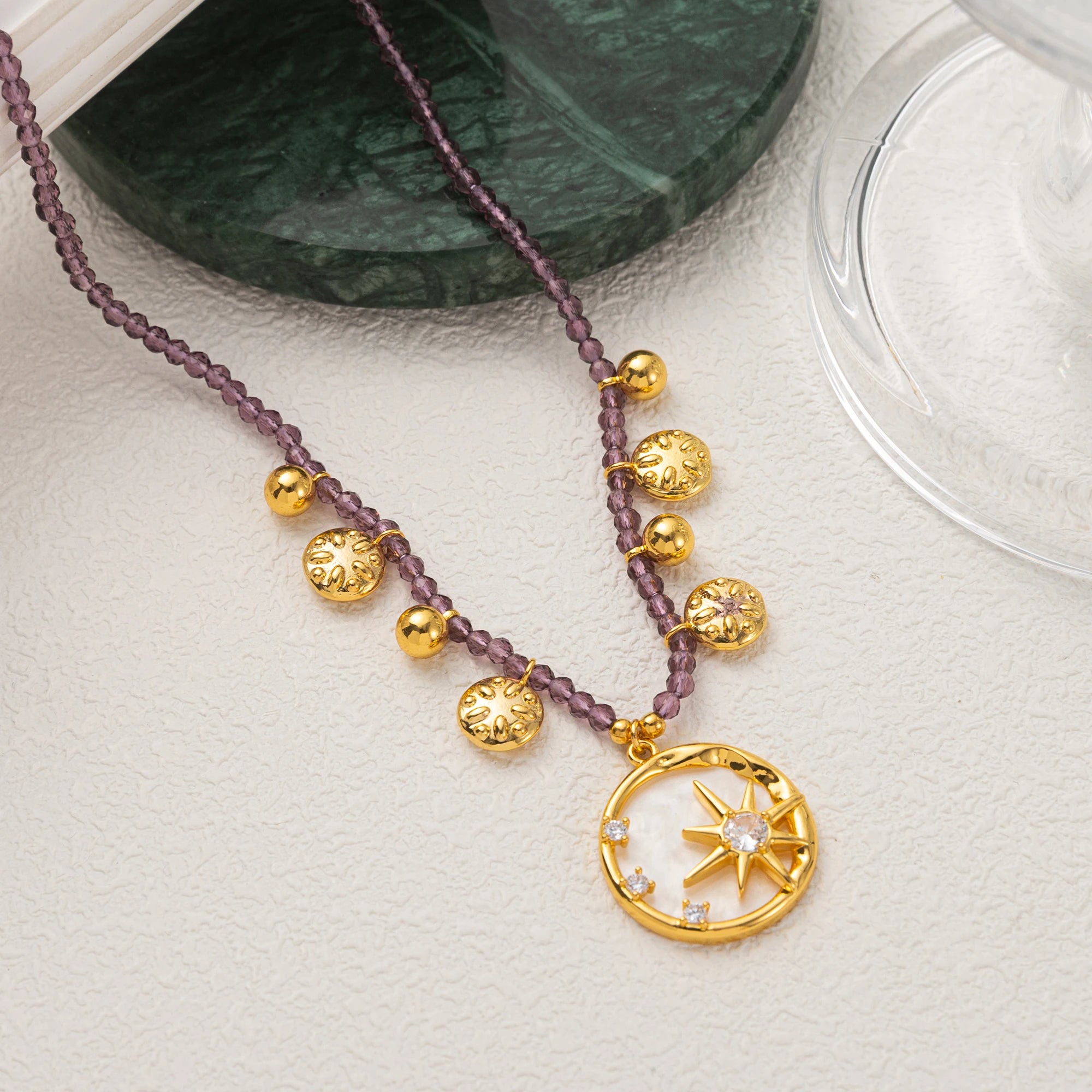 Stars, Radiance, Octagonal Stars, Moon, Colorful Beads, Necklace, Flowers, Purple, Diamonds, Dripping Oil