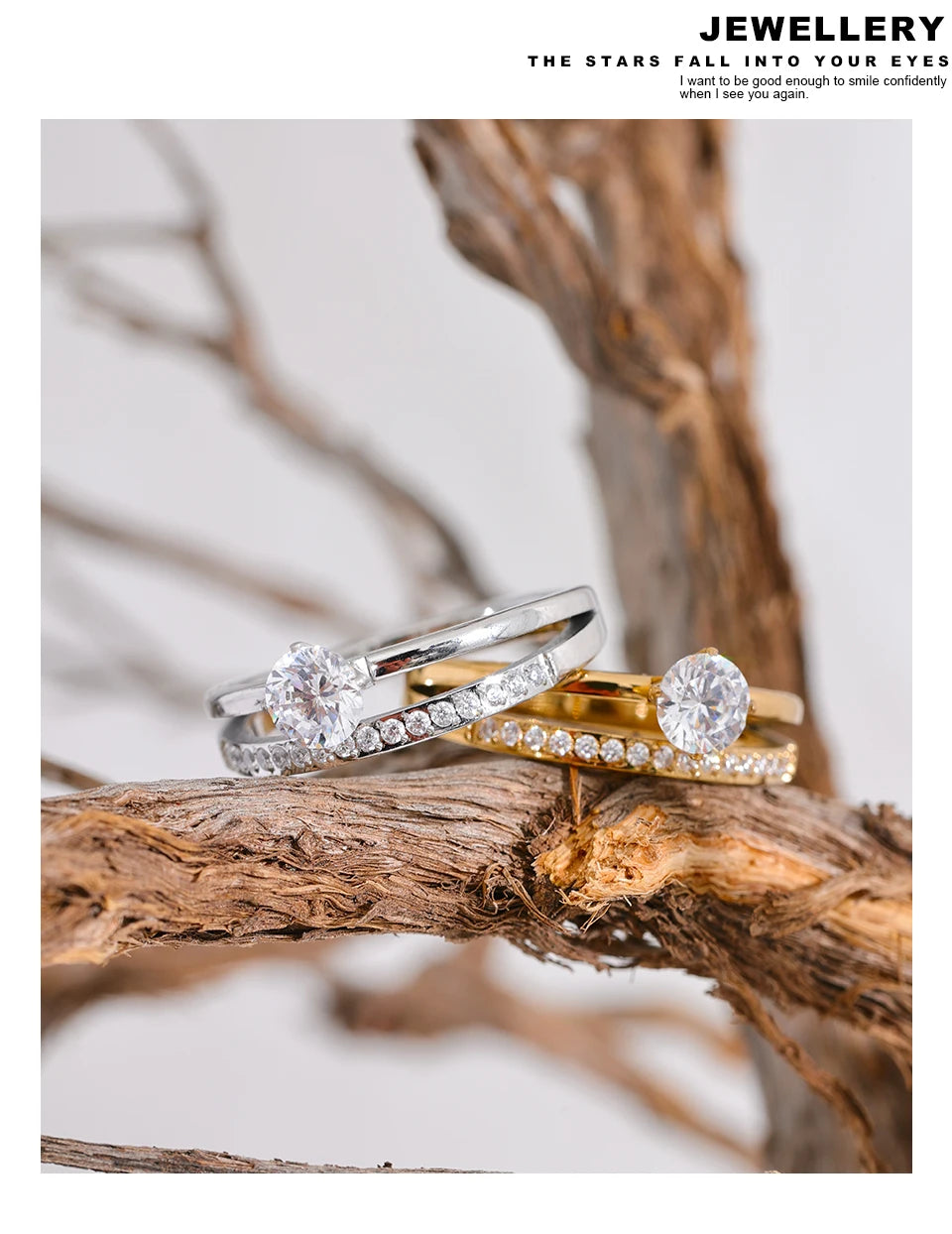 Cubic zirconia geometric layered ring in gold-plated stainless steel with cubic zirconia.