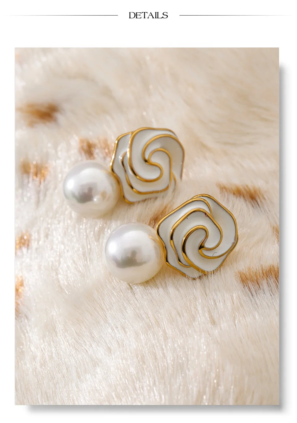 White pearl enamel earrings in gold-plated stainless steel with pearl and enamel.